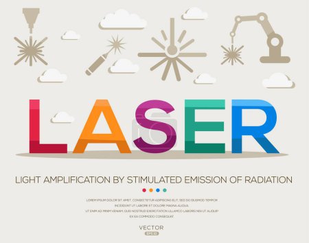 Amplificación LASER _ light mediante emisión estimulada de radiación, letras e iconos, e ilustración vectorial.
