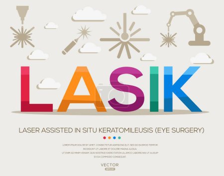 LASIK _ laser assistierte in situ Keratomileusis (Augenchirurgie), Buchstaben und Symbole und Vektorillustration.