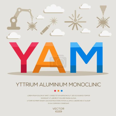 YAM _ Yttrium Aluminium monoclinique, lettres et icônes, et illustration vectorielle.