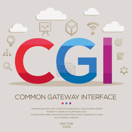 CGI _ Interfaz de puerta de enlace común, letras e iconos, e ilustración vectorial.