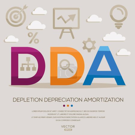 DDA _ Depletion depreciation amortization, letters and icons, and vector illustration.
