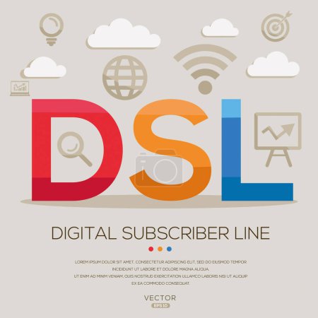 DSL - Línea de abonado digital, letras e iconos, e ilustración vectorial.