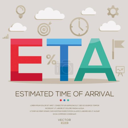 ETA - Hora estimada de llegada, letras e iconos, e ilustración vectorial.