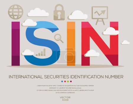ISIN _ Número internacional de identificación de valores, letras e iconos, e ilustración vectorial.
