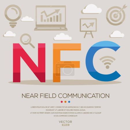 NFC _ Nahfeldkommunikation, Buchstaben und Symbole und Vektorillustration.