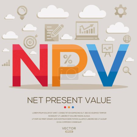 NPV_ Net present value, letters and icons, and vector illustration.