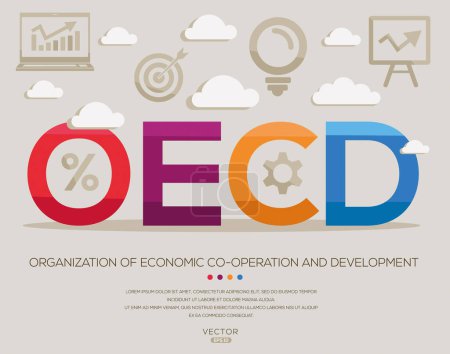 OECD _ Organización de la cooperación económica y el desarrollo, letras e iconos, e ilustración vectorial.