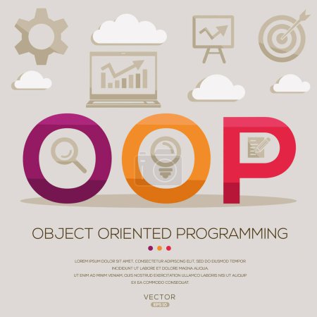 OOP _ Objektorientierte Programmierung, Buchstaben und Symbole und Vektorillustration.