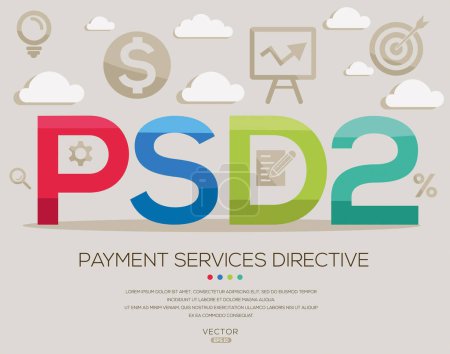 PSD2 _ Payment services directive, letters and icons, and vector illustration.