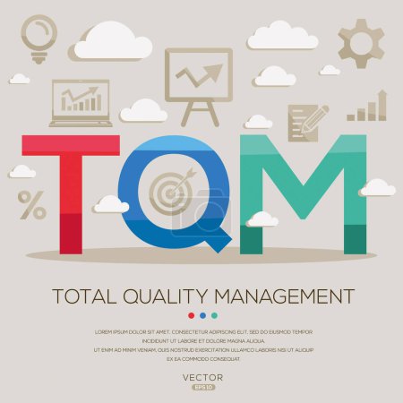 TQM - Gestión de la calidad total, letras e iconos, e ilustración vectorial.