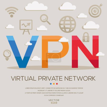 VPN _ Virtuelles privates Netzwerk, Buchstaben und Symbole und Vektorillustration.