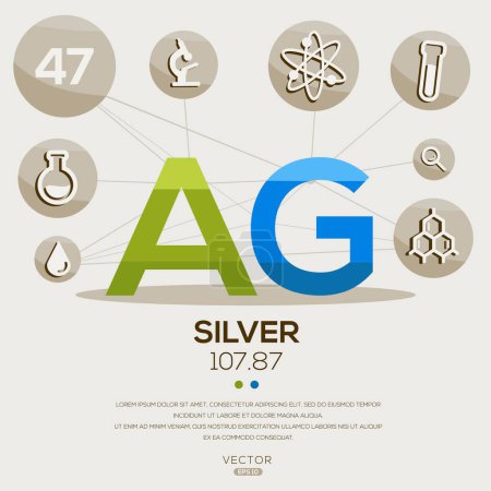 AG (Silver) Elemento periódico de la tabla, letras e iconos, ilustración vectorial.