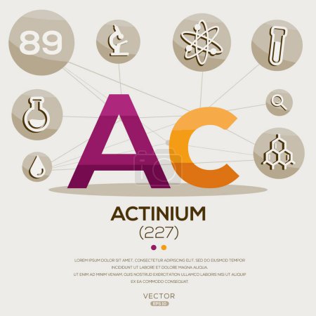 AC (Actinium) El elemento de tabla periódica, letras e iconos, ilustración vectorial.