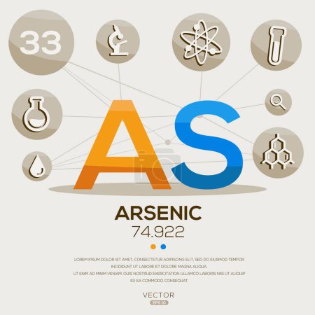 AS (Arsénico) Elemento de tabla periódica, letras e iconos, ilustración vectorial.
