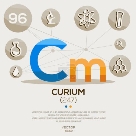CM (Curium) Elemento periódico de la tabla, letras e iconos, ilustración vectorial.