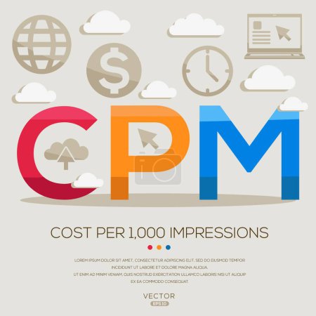 CPM _ Cost Per 1,000 Impressions, letters and icons, and vector illustration.