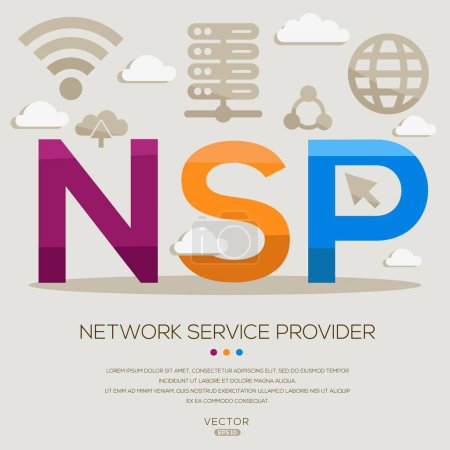 NSP _ Network Service Provider, letras e iconos, e ilustración vectorial.
