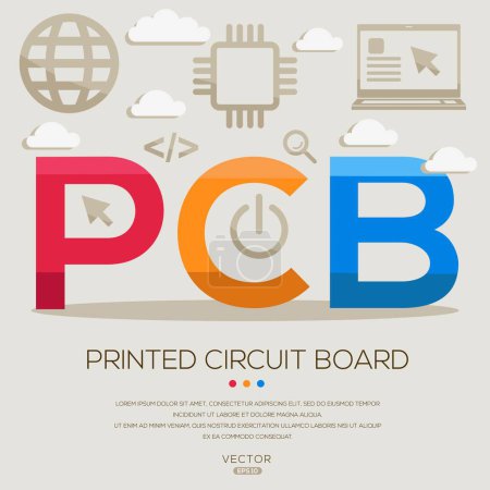 PCB _ Printed Circuit Board, letras e iconos, e ilustración vectorial.