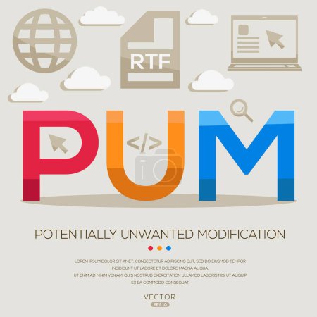 PUM _ Potentially Unwanted Modification, letters and icons, and vector illustration.
