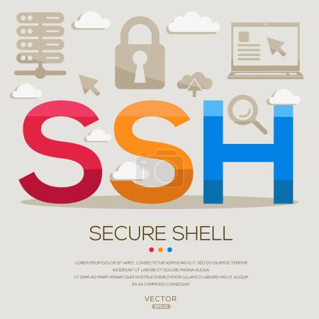 SSH _ Secure Shell, letras e iconos, e ilustración vectorial.