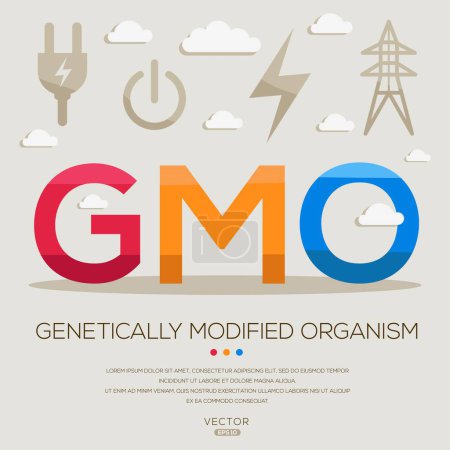 OGM _ Organismo modificado genéticamente, letras e iconos, e ilustración vectorial.