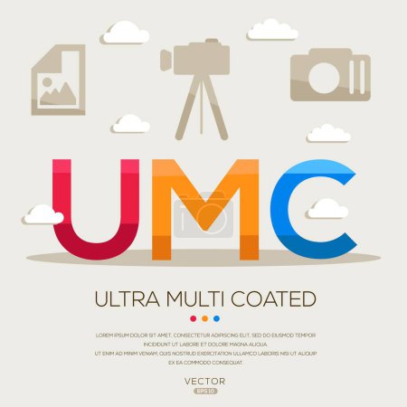 UMC _ Ultra multi coated, letters and icons, and vector illustration.