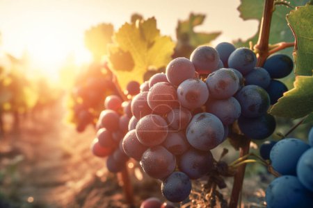 Close-up of a bunch of ripe red grapes in the countryside at sunset. Grapes hanging on a vine against the backdrop of a vineyard in clear sunny weather. Generative AI