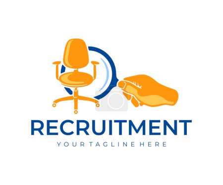 Illustration for Recruitment, office chair, hand holding a magnifying glass, logo design. Recruitment agency, job interviews, employment and recruit, CVs and resumes, vector design and illustration. - Royalty Free Image