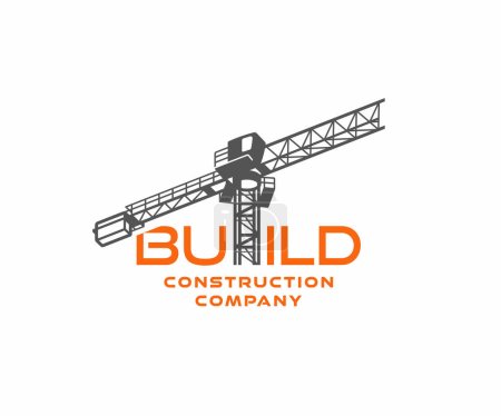 Illustration for Construction tower crane in construction site logo design. Heavy industrial machinery equipment at building site vector design. City infrastructure development logotype - Royalty Free Image