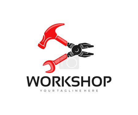 Illustration for Pliers, hammer, wrench, workshop and auto repair shop, logo design. Repair, repairing, tools and mechanical, vector design and illustration - Royalty Free Image