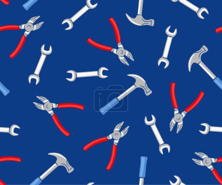 Illustration for Pliers, hammer, wrench, workshop and auto repair shop, seamless vector background, pattern. Repair, repairing, tools and mechanical, graphic and vector design - Royalty Free Image