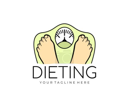 Illustration for Feet are on the scales, weighing, weight loss, diet and health, logo design. Medicine, gym, healthy food, fitness and sports, vector design and illustration - Royalty Free Image