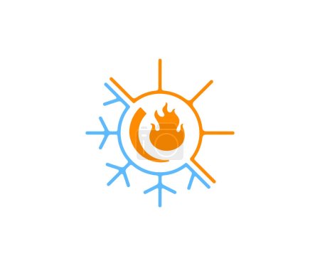 Téléchargez les illustrations : Sun and snowflake, flame, cooling and heating, logo design. Plumbing, hvac systems, air conditioners and ventilation system, vector design and illustration - en licence libre de droit
