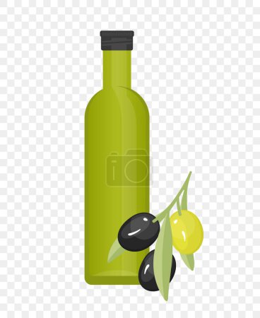 Téléchargez les illustrations : Bouteille d'huile d'olive en verre avec des olives vertes et noires illustrtaion. branche d'olivier vert et noir avec un dessin vectoriel de fruits d'olivier légume. Huile d'olive extra vierge - en licence libre de droit