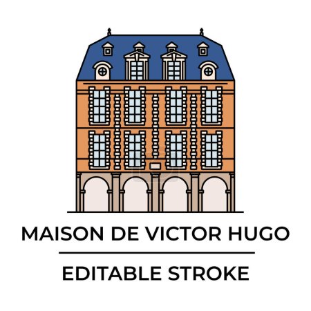 Ilustración de Vista de la fachada de la casa-museo de Víctor Hugo en la Place des Vosges de París, Francia. Icono vectorial lineal de un hito arquitectónico en París - Imagen libre de derechos