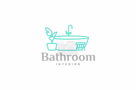 Ilustración de Elegante interior de baño en estilo ecológico moderno con un diseño de logotipo de bañera. Interior del baño con taburete y diseño gráfico de planta de interior - Imagen libre de derechos