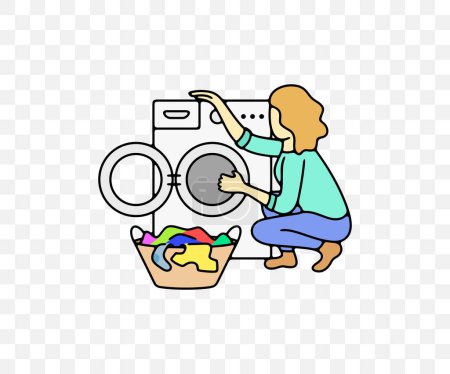 Illustration for Woman putting, loading and pulls out clothes from washing machine, colored graphic design. Wash, household, housewife, housekeeping and menage, vector design and illustration - Royalty Free Image