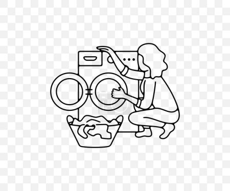 Illustration for Woman putting, loading and pulls out clothes from washing machine, linear graphic design. Wash, household, housewife, housekeeping and menage, vector design and illustration - Royalty Free Image