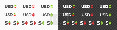 Illustration for United States dollar, USD with up and down arrow currency exchange rate vector desgin. Foreign currencies and exchange rates value graphic design. Currency trade chart - Royalty Free Image