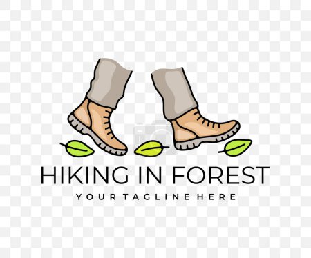 Pieds dans les bottes marchant à travers la forêt, randonnée et randonnée, design graphique coloré. Camping, tourisme, voyage, voyage et voyage, design vectoriel et illustration