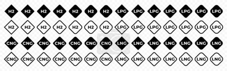 Kennzeichnung von Gasbrennstofftypen: H2, CNG, LPG, LNG-Vektordesign. Gasförmige Art der Kraftstoffkennzeichnung in der Rautengrafik
