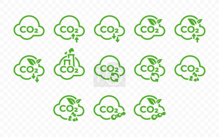 Illustration for Reducing carbon emission vector icons set. Reduce co2 gas graphic design. Ecology and environment concept - Royalty Free Image
