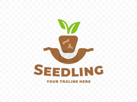 Illustration for Transplant seedlings after germination logo design. Planting young seedlings in the ground in the garden vector design - Royalty Free Image