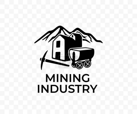 Industria minera, montañas, mina, carro de mina y pico, diseño gráfico. Carro de minería, pickax, excavación, geología y geología, diseño de vectores e ilustración
