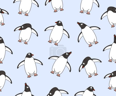 Ilustración de Pingüinos subantárticos o pingüinos gentoo, fondo de vector sin costuras y patrón. Animales, aves, aves, plumas, antárticos y naturaleza, diseño de vectores e ilustración - Imagen libre de derechos