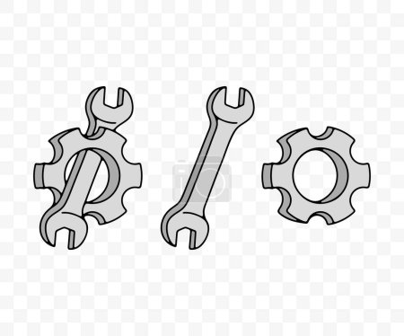 Illustration for Gear, cogwheel, gear wheel, wrench and spanner, colored graphic design. Repair shop, workshop, auto repair shop and car service, vector design and illustration - Royalty Free Image