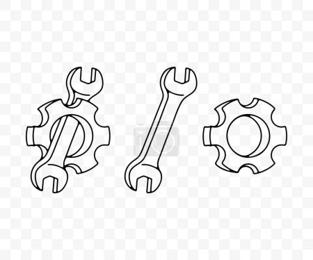 Illustration for Gear, cogwheel, gear wheel, wrench and spanner, linear graphic design. Repair shop, workshop, auto repair shop and car service, vector design and illustration - Royalty Free Image