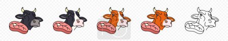 Kuh oder Stier, Steak und Fleisch, Grafikdesign. Viehzucht, Viehzucht, Tiere und Haustiere, Nahrung und Mehl, Vektordesign und Illustration