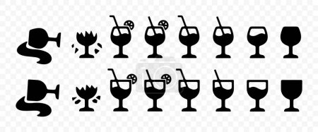 Set de copa de vino con alcohol, paja, caído y roto, diseño gráfico. Bebida y bebida, bebida, bar, vino, vermut y jerez, diseño de vectores e ilustración