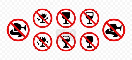 Signos de prohibición, no se puede beber alcohol, diseño gráfico. No romper copa de vino, es alcohol prohibido y no puede derramar alcohol, diseño de vectores